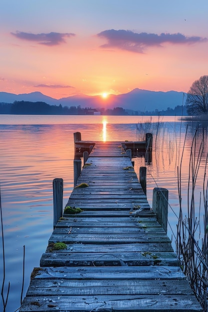 Serene Sunset Over Tranquil Lake with Wooden Pier and Mountainous Horizon