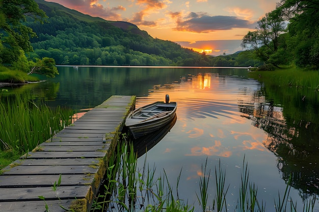 Photo serene sunset at a tranquil lakeside pier with reflections on calm water