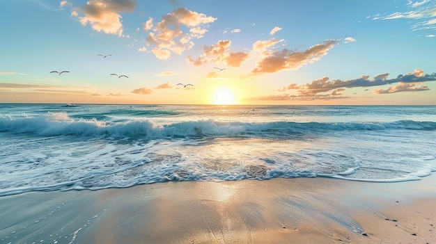 Serene Sunset Over Tranquil Ocean Waves and Sandy Beach