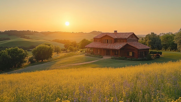 Photo a serene sunset view of a rustic house surrounded by lush fields and rolling hills