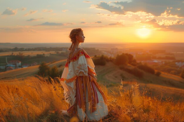 Serene Sunset View with Elegant Woman in Traditional Embroidered Dress