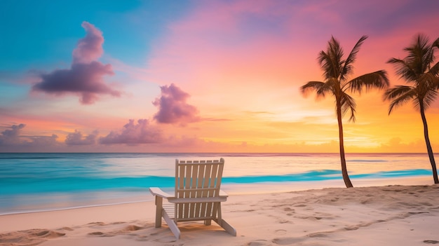 A Serene Sunset View with a Single Empty Chair on a Tropical Beach