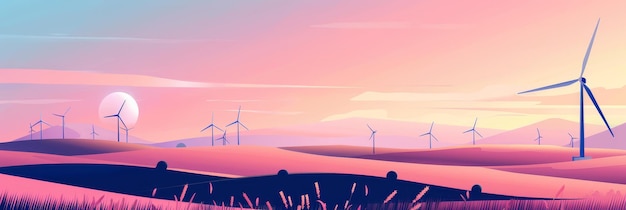 Serene Sunset Over Wind Turbine Landscape in Abstract Pastel Art Style A tranquil evening view of wind turbines dotted across rolling hills in soft pastel shades of pink and purple