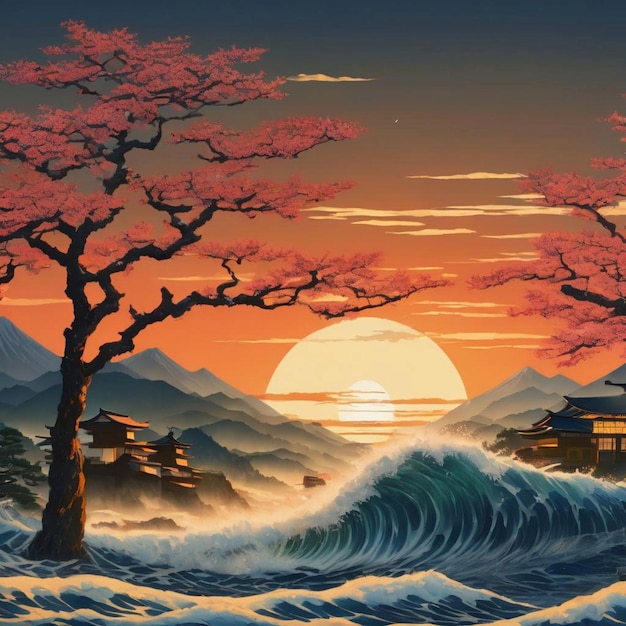 Serene sunset with Japanese pagoda and waves