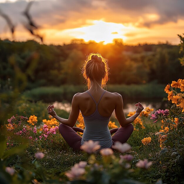 Serene Sunset Yoga Embrace Inner Calm Amidst Natures Blooming Beauty