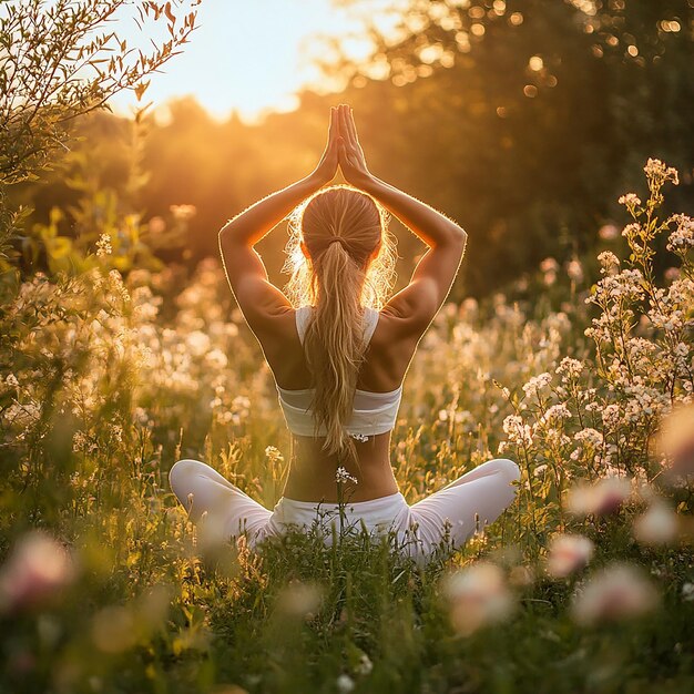 Serene Sunset Yoga Embrace Inner Calm Amidst Natures Blooming Beauty