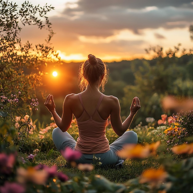 Serene Sunset Yoga Embrace Inner Calm Amidst Natures Blooming Beauty