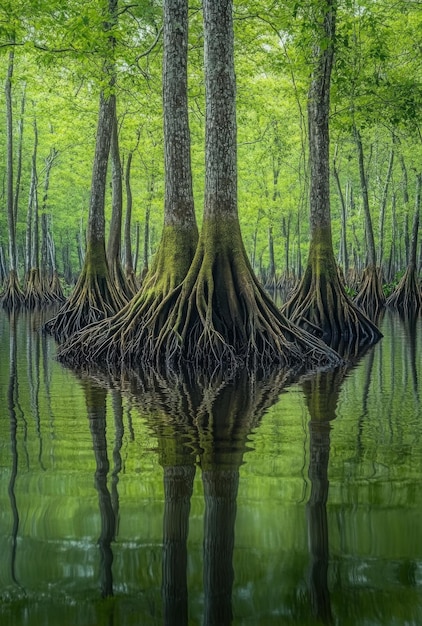 Photo a serene swamp scene with trees growing out of the water their exposed roots creating an intricate and captivating visual