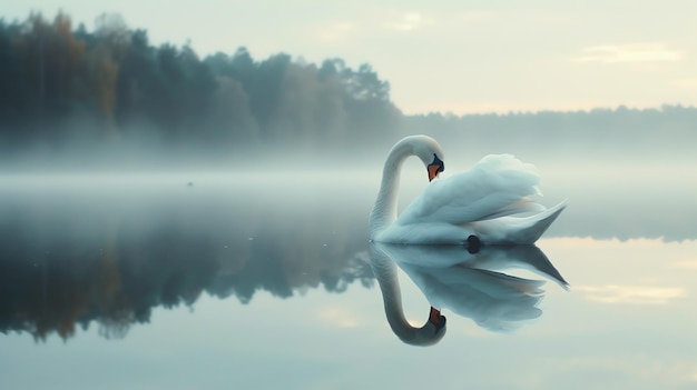 A serene swan glides gracefully across the still waters of a lake its elegant reflection shimmering in the tranquil waters below