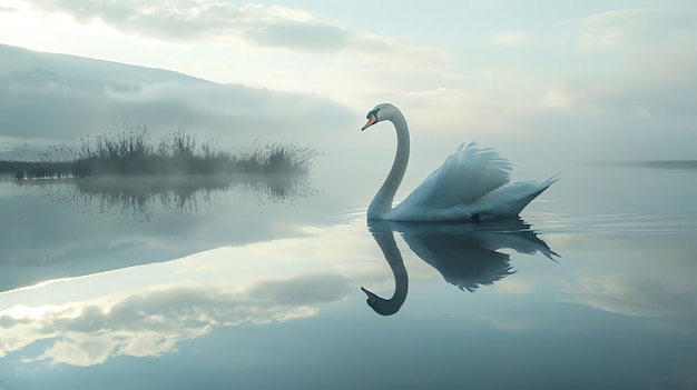 A serene swan glides gracefully across the still waters of a lake its reflection shimmering in the tranquil surface below