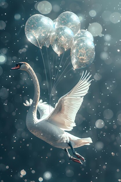 Serene Swan Soaring Skyward Amid Shimmering Silver Balloons in Dreamlike Cerulean Realm