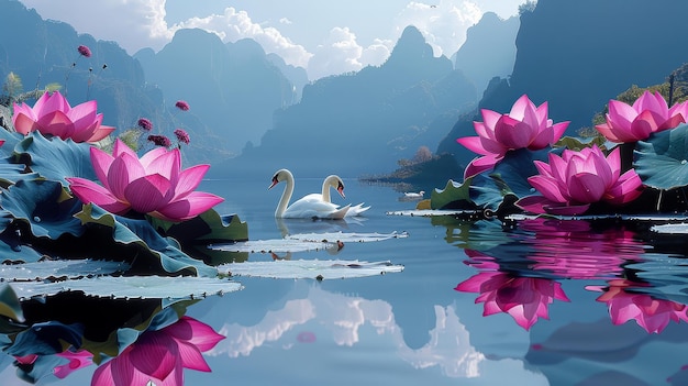 Serene Swans Amidst Blooming Lotus