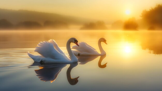 Serene Swans on a Misty Lake at Sunrise