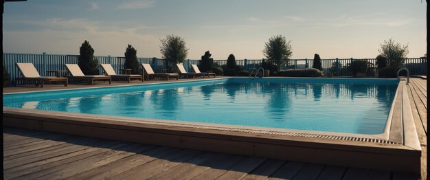 Photo serene swimming pool with a stairway and wooden deck perfect for relaxation