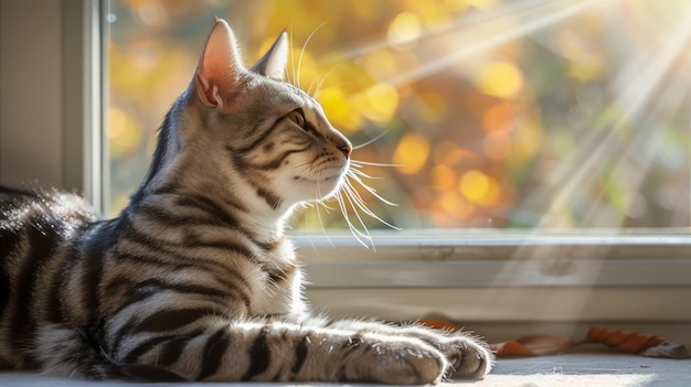 Serene Tabby Cat Enjoying Sunlight Through Window Peaceful Domestic Animal Basking in Warmth