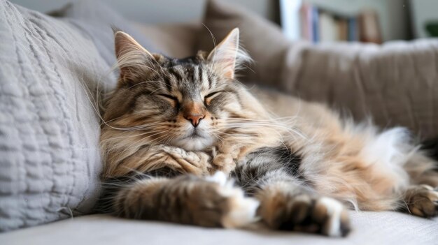 Serene Tabby Cat Relaxing on a Cozy Sofa Cushion Exuding Peacefulness and Comfort in a Homely