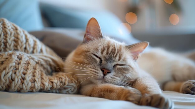 Serene Tabby Cat Sleeping Peacefully Amongst Cozy Knitted Blankets with Soft Lights in Background