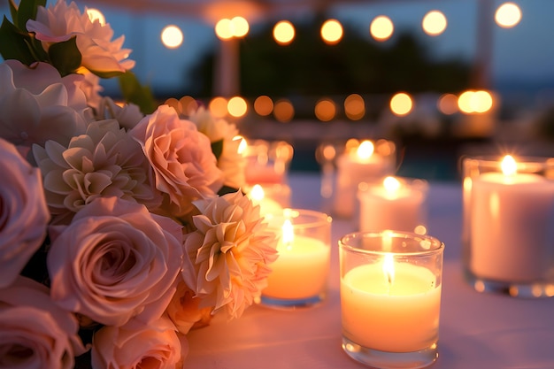 Photo a serene table ambiance with a several candles placed alongside a bouquet of flowers