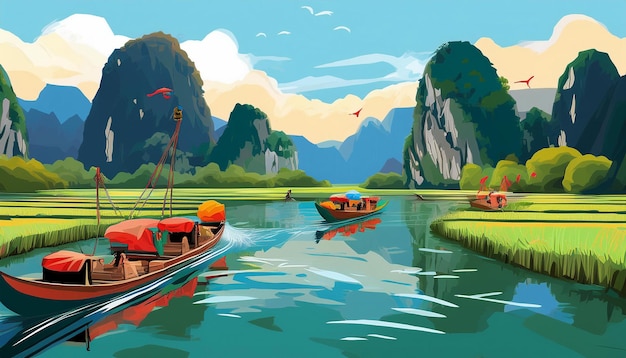 The serene Tam Coc River with its limestone karsts rice paddies and traditional sampan boats