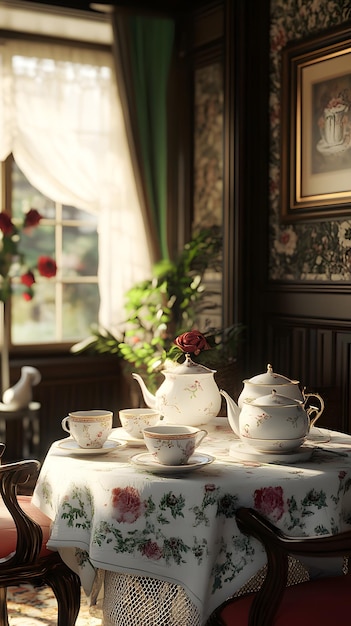 Photo a serene tea setting with floral decor and natural light