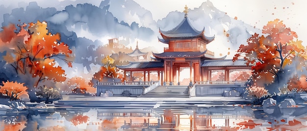 Serene temple watercolor art for meditation guides