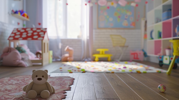 Serene and tidy child39s playroom filled with toys and cheerful decorations bathed in gentle light