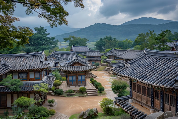 Photo serene traditional korean village surrounded by lush mountains