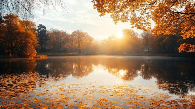 Photo serene tranquil lake surrounded by autumn foliage and reflected sky