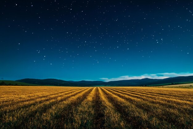 Photo a serene and tranquil landscape a vast empty field under a starry night sky with rows of crops