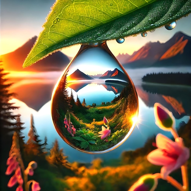 A serene and tranquil scene of vibrant colors and beautiful surrounding nature in a dew drop