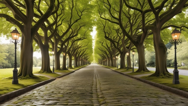 Photo serene treelined pathway with vintage lamp posts