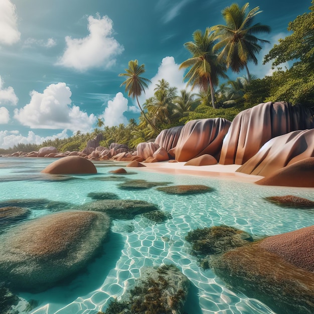 A serene tropical beach featuring large smooth granite boulders on a sandy shore1