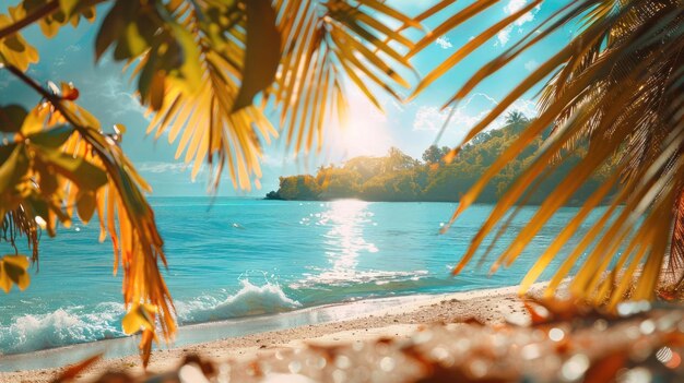 Serene tropical beach scene featuring palm trees and a calm sea