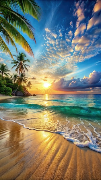 Serene Tropical Beach Sunset With Palm Trees And Turquoise Water Generative AI