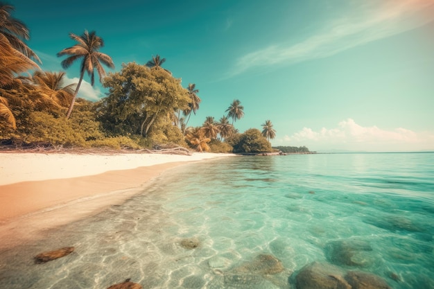 Serene tropical beach with swaying palm trees and crystal clear waters Generative AI