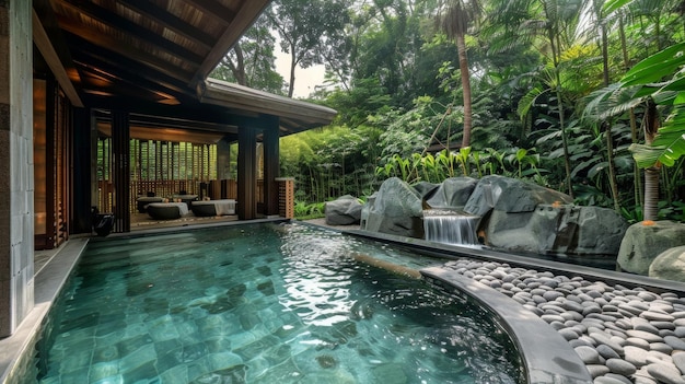 Photo serene tropical escape with a tranquil pool and lush garden surroundings in a secluded retreat