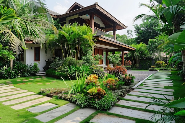 Serene Tropical House with Lush Garden Design