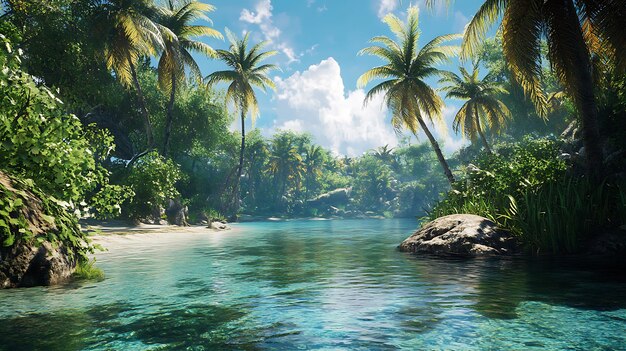 Photo a serene tropical landscape featuring palm trees clear water and lush greenery