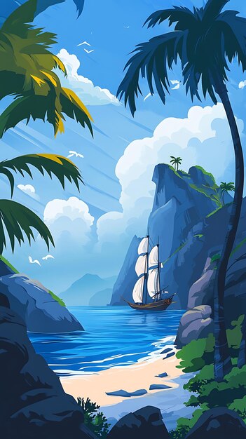 A serene tropical landscape featuring a ship sailing near rocky cliffs and palm trees