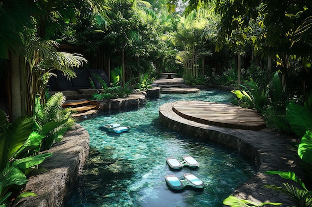 Serene tropical oasis with lush greenery natural pools and tranquil river set in a jungle retreat