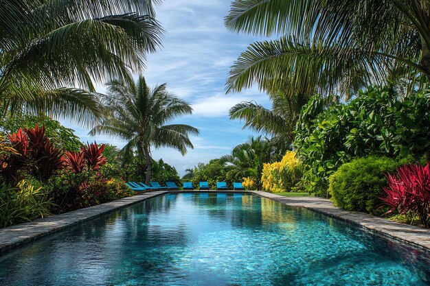 Photo serene tropical oasis with lush greenery natural pools and tranquil river set in a jungle retreat