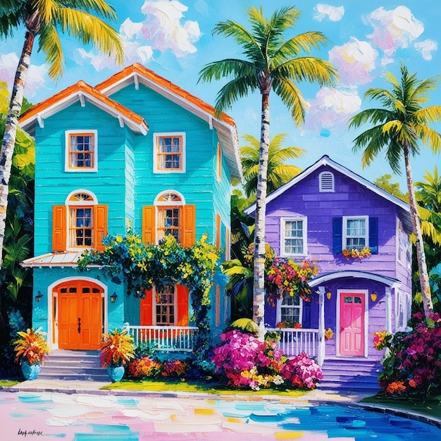 Serene Tropical Retreat Vibrant Painting of Teal and Purple Homes