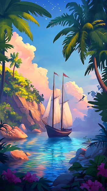 A serene tropical scene featuring a sailing ship amidst lush greenery and calm waters