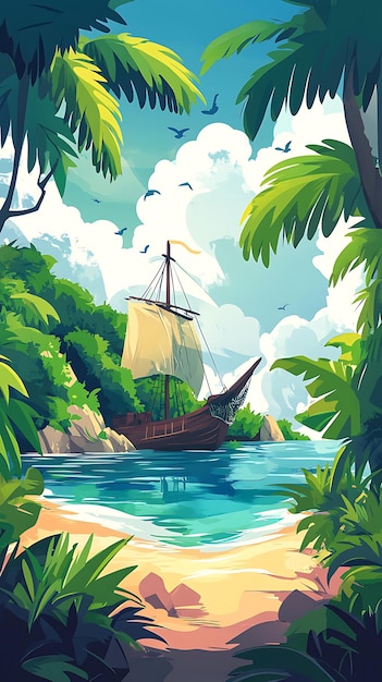 A serene tropical scene featuring a ship anchored near a beach surrounded by lush greenery