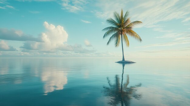 Photo a serene tropical scene featuring a solitary palm tree on a calm water surface