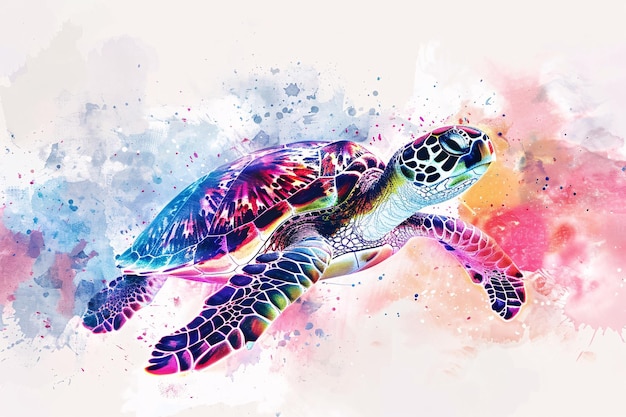 Serene Turtle Swimming in Colorful Watercolor Underwater World on White Background