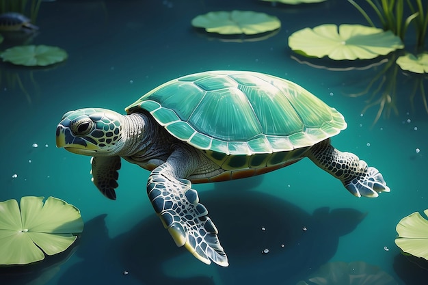 Serene Turtle Swimming in a Tranquil Pond Aesthetic Minimalist Illustration Generative AI