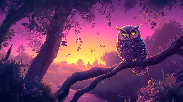 Photo a serene twilight scene featuring an owl perched on a branch surrounded by a vibrant landscape