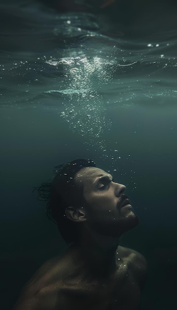 Photo serene underwater portrait of man floating horizontally minimalist background gazing upwards