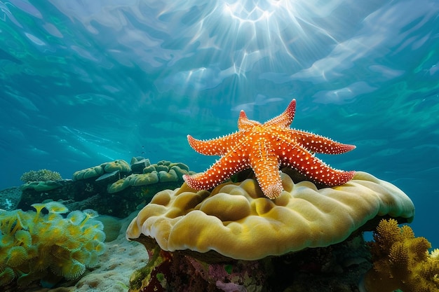 A serene underwater scene of a crown starfish perc generative ai